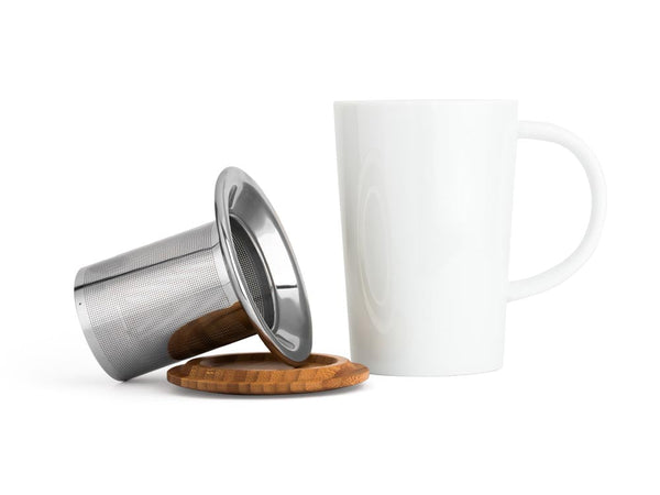 Tea mug 400ml, with stainless steel filter and bamboo lid, white